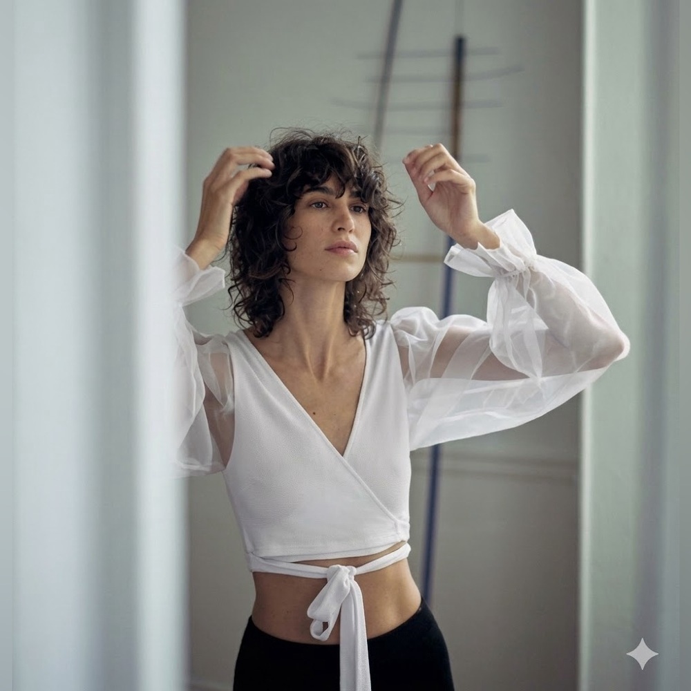 Zara Sheer Puff-Sleeve Wrap Top - White